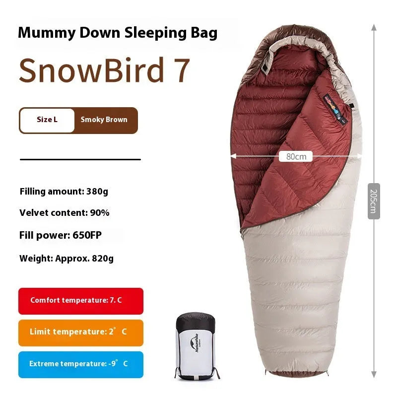 Goose down mummy-style sleeping bag in a storage bag, showing size and fill weight options.