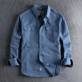 Men's solid colour cotton cardigan shirt with long sleeves in light blue.