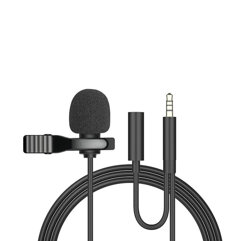 Black lavalier clip microphone with in-ear headphones connected to 3.5mm plug for Apple iPhone