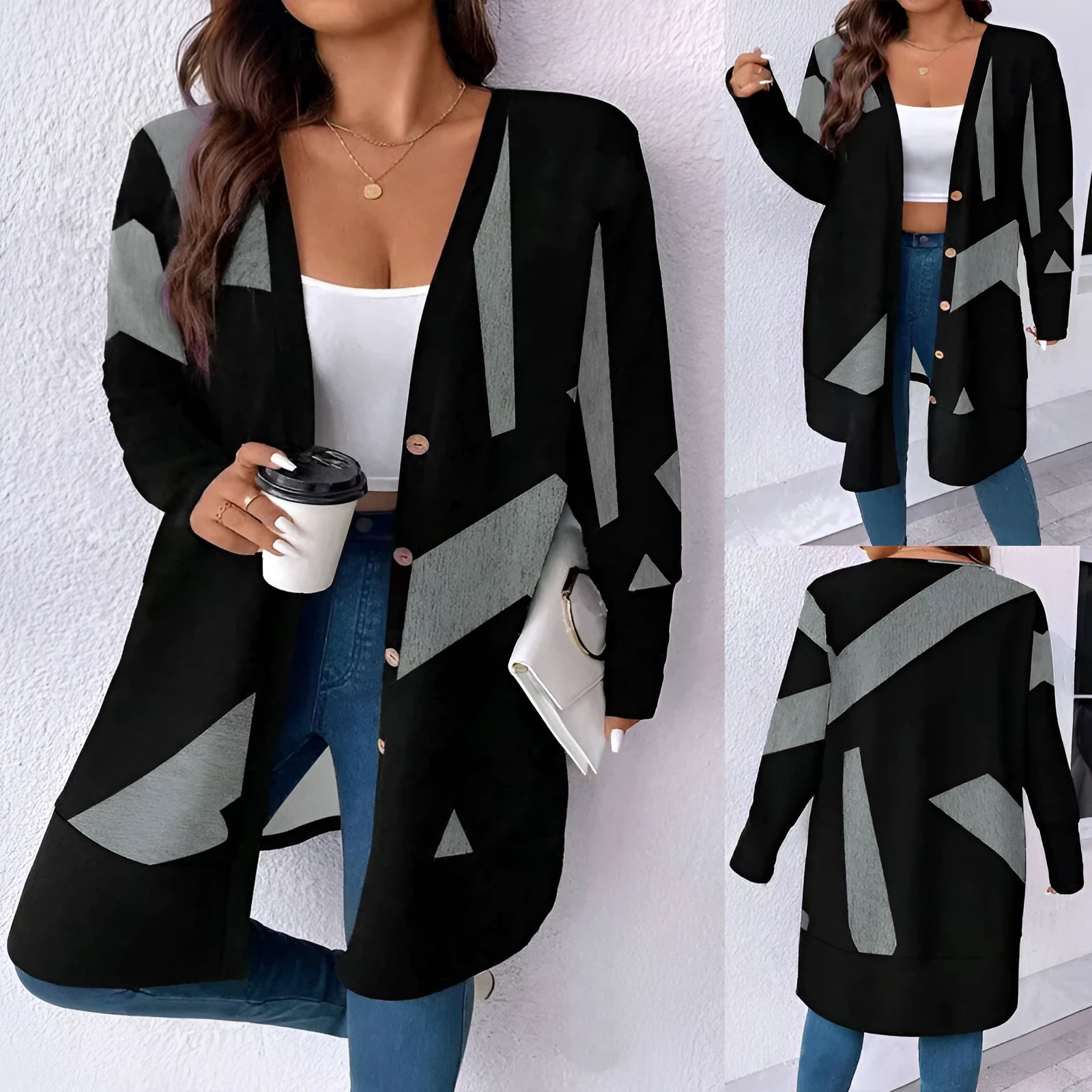 Black loose fit plus size knitwear cardigan with button fastening and regular sleeves