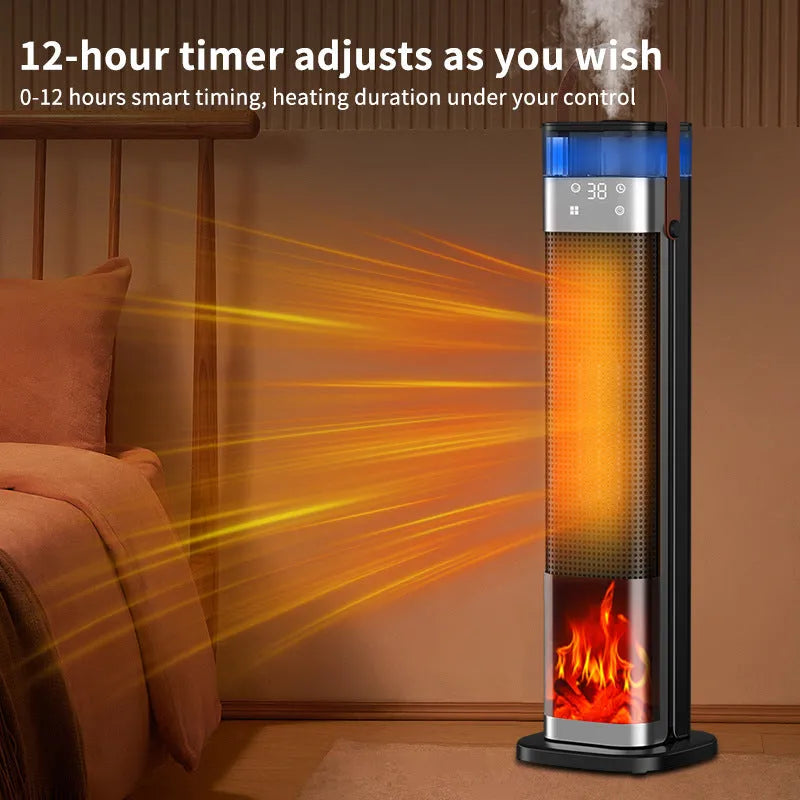 Tall, slim intelligent vertical heater with humidification function and remote control on a wooden floor.