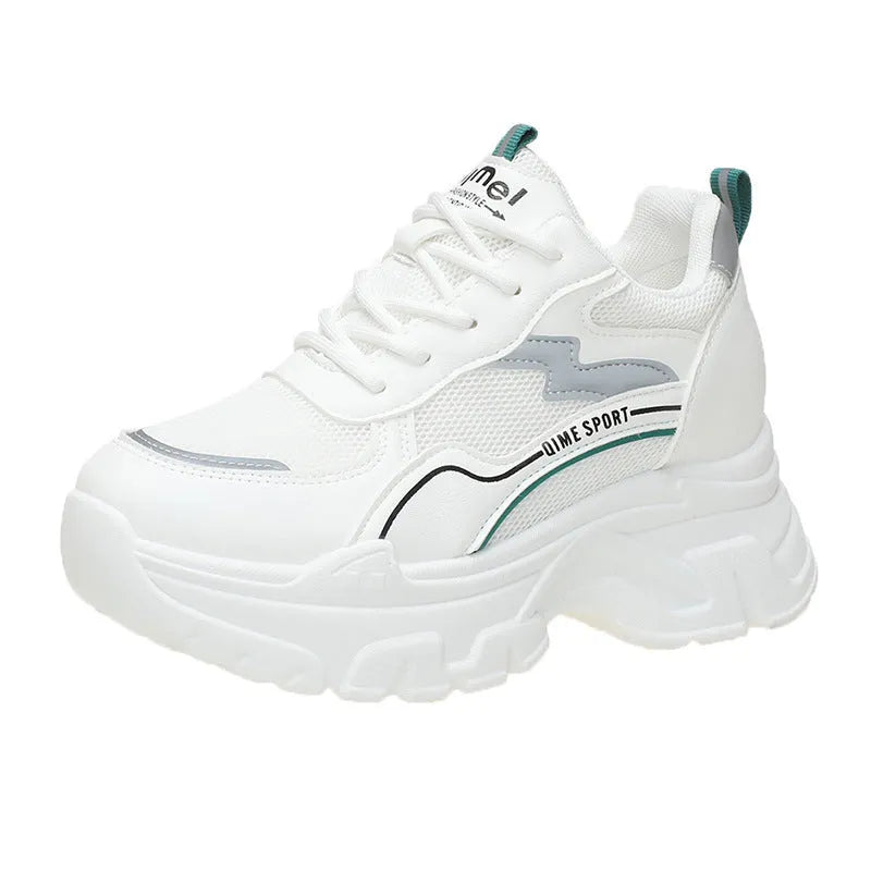 Women's white and beige dad shoes with cross straps and height increasing insoles