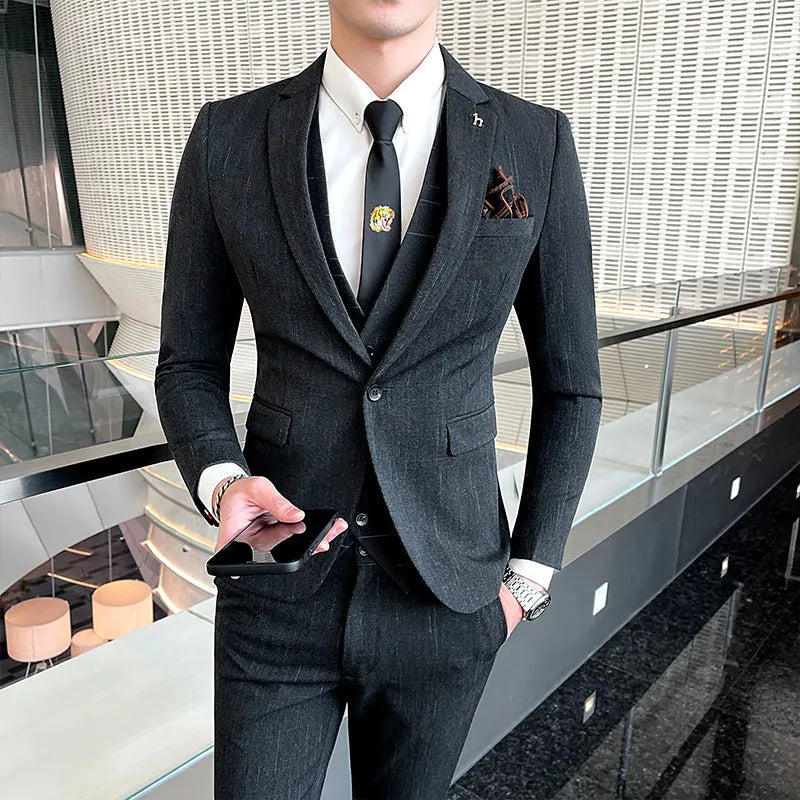 Men's slim fit business formal suit set in black or dark grey cotton blend fabric
