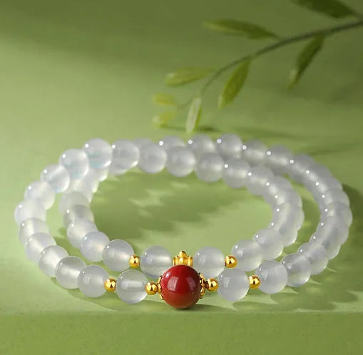 Polished white agate double-layer bracelet for women with 6mm geometric beads and cinnabar accents
