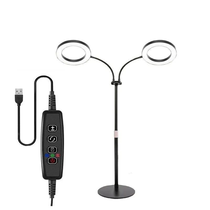 Pearl white 6-inch Angel Ring LED grow light on a retractable floor stand next to a houseplant.