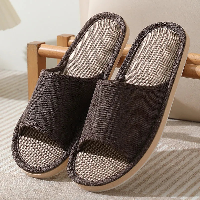 Women's open-toe linen slippers in various colours with thickening sole