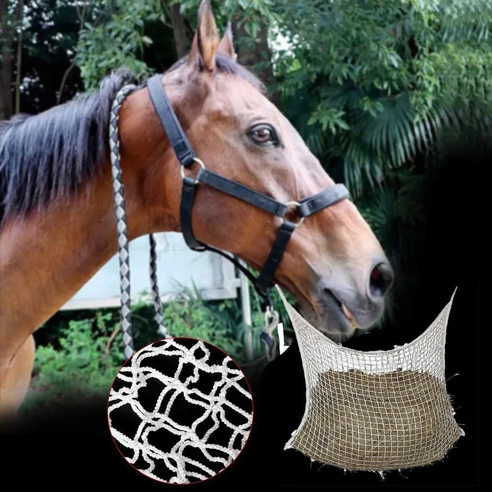 Black woven PE rope hanging feeding bag for horses with grid design