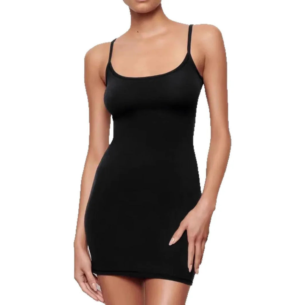 Black sleeveless sling dress with skinny sheath silhouette and solid colour