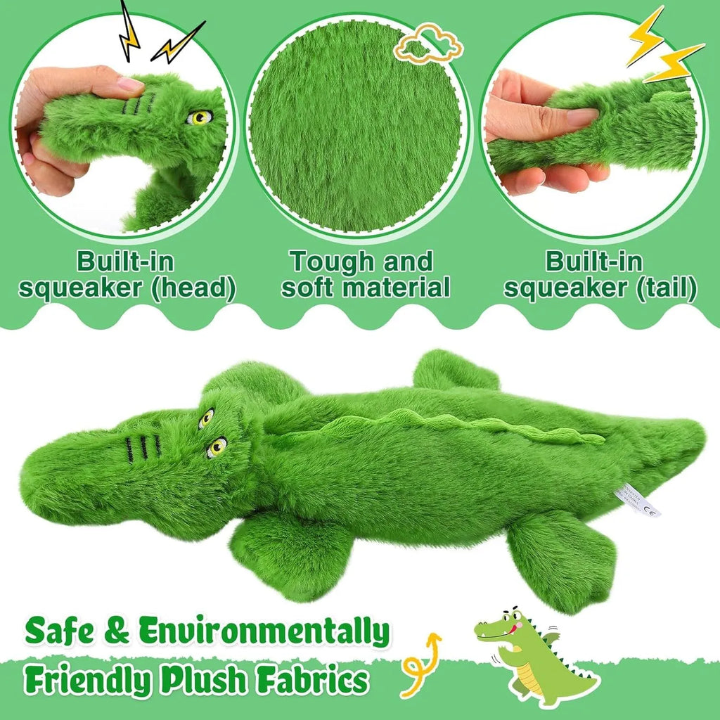 Green crocodile-shaped plush dog toy with no-stuffing construction for safe chewing