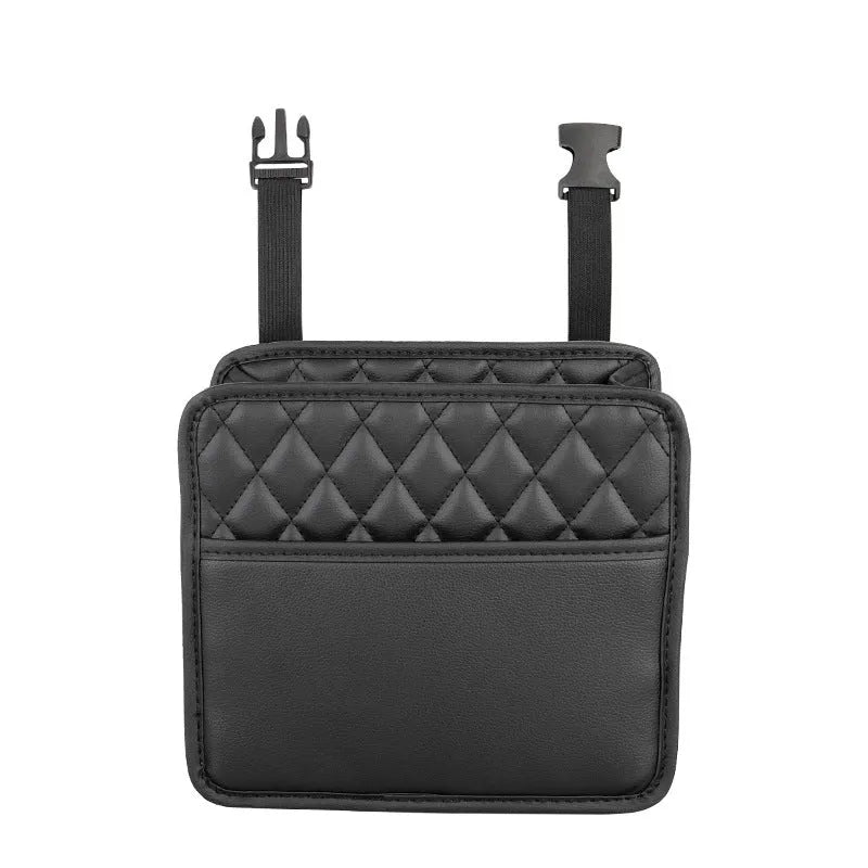 Leather hanging storage bag for car interiors in black colour