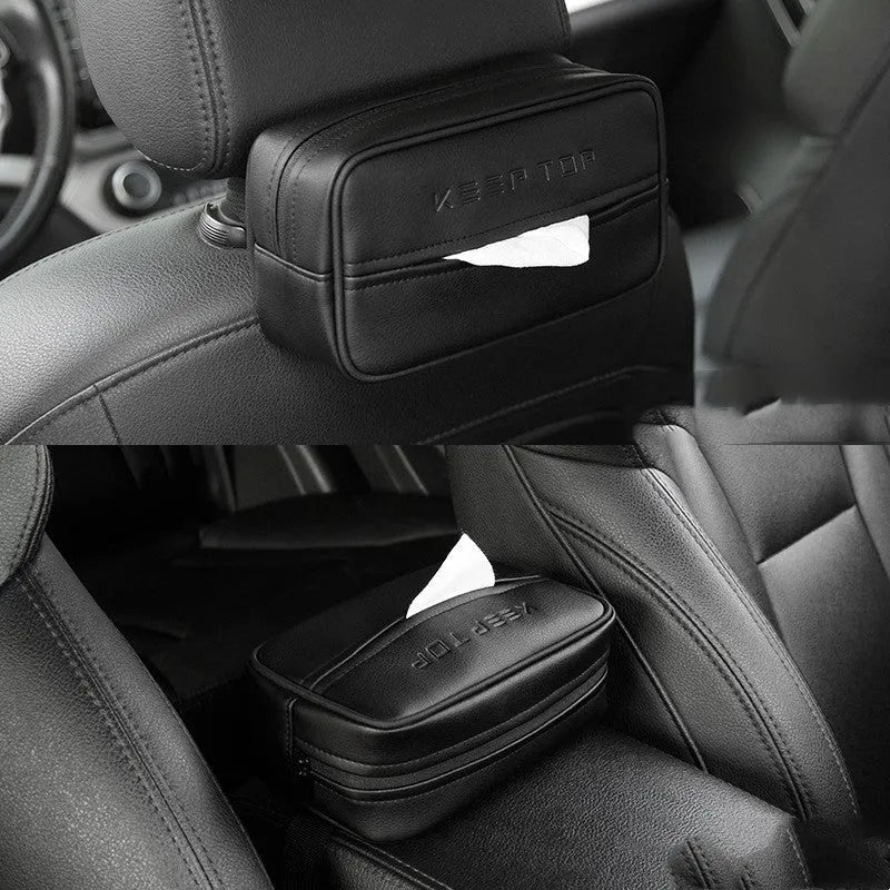 Black PU leather car hanging storage box with integrated paper bag holder