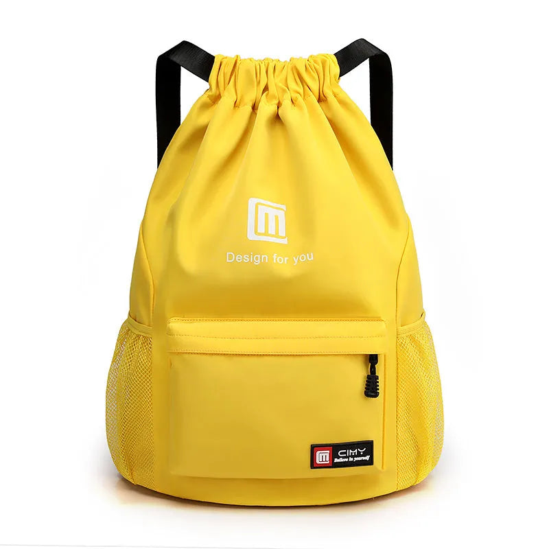 Oxford waterproof drawstring travel backpack in multiple colours showing foldable design and shoulder straps