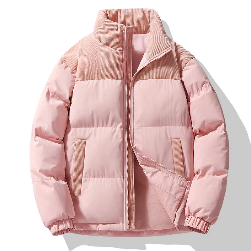 Unisex winter stand-collar padded coat in solid colour, loose fit, side seam pockets, polyester fabric
