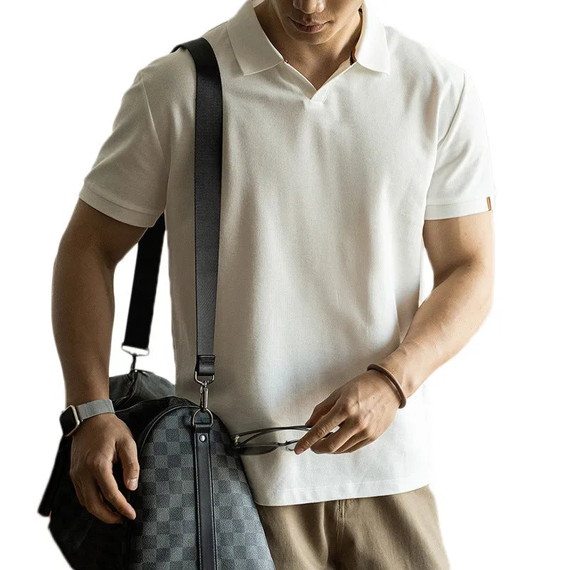 Men's blue American-style short-sleeve polo shirt on a hanger