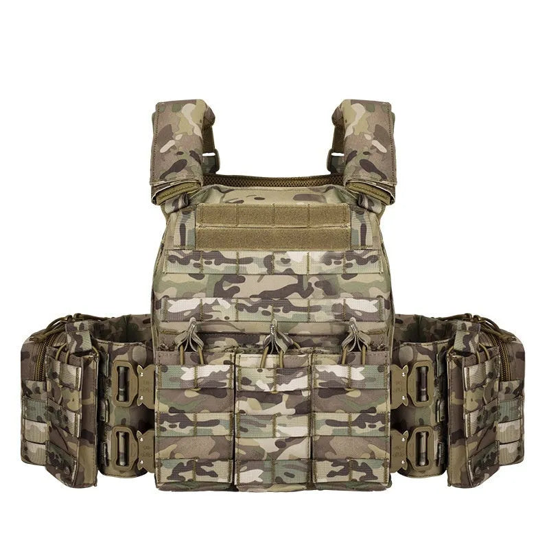 Men's camouflage pattern tactical vest made from polyester fabric for outdoor sports.