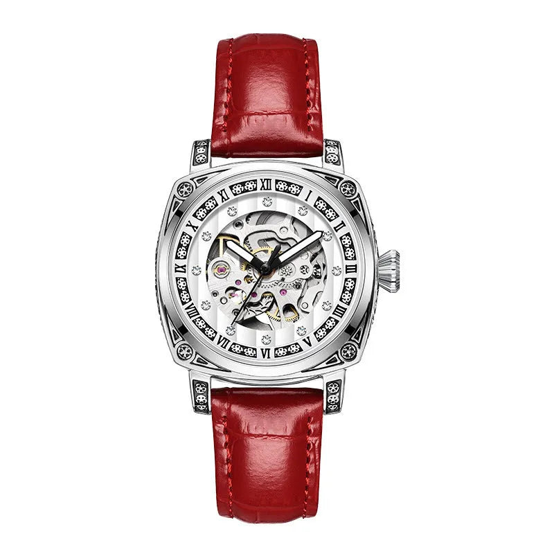 Men's mechanical wristwatch with luminous markers on leather strap