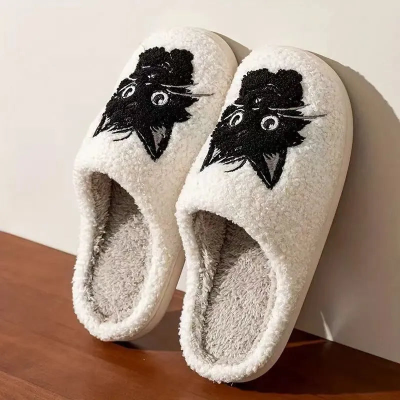 White Black Beard Cat cartoon plush slippers for couples with non-slip sole
