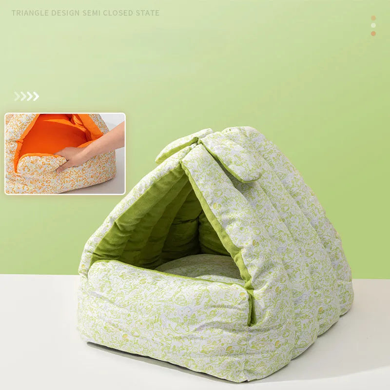 Green triangular flannel pet nest semi-enclosed for small rabbits cats dogs