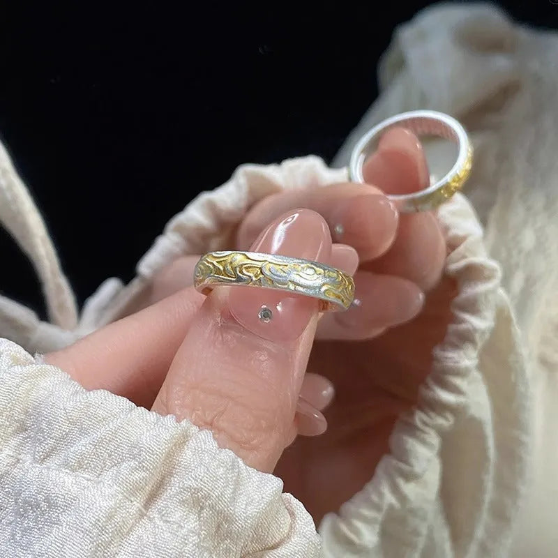 Xiangyun pattern white copper ring with gold electroplating and open mouth adjustable design
