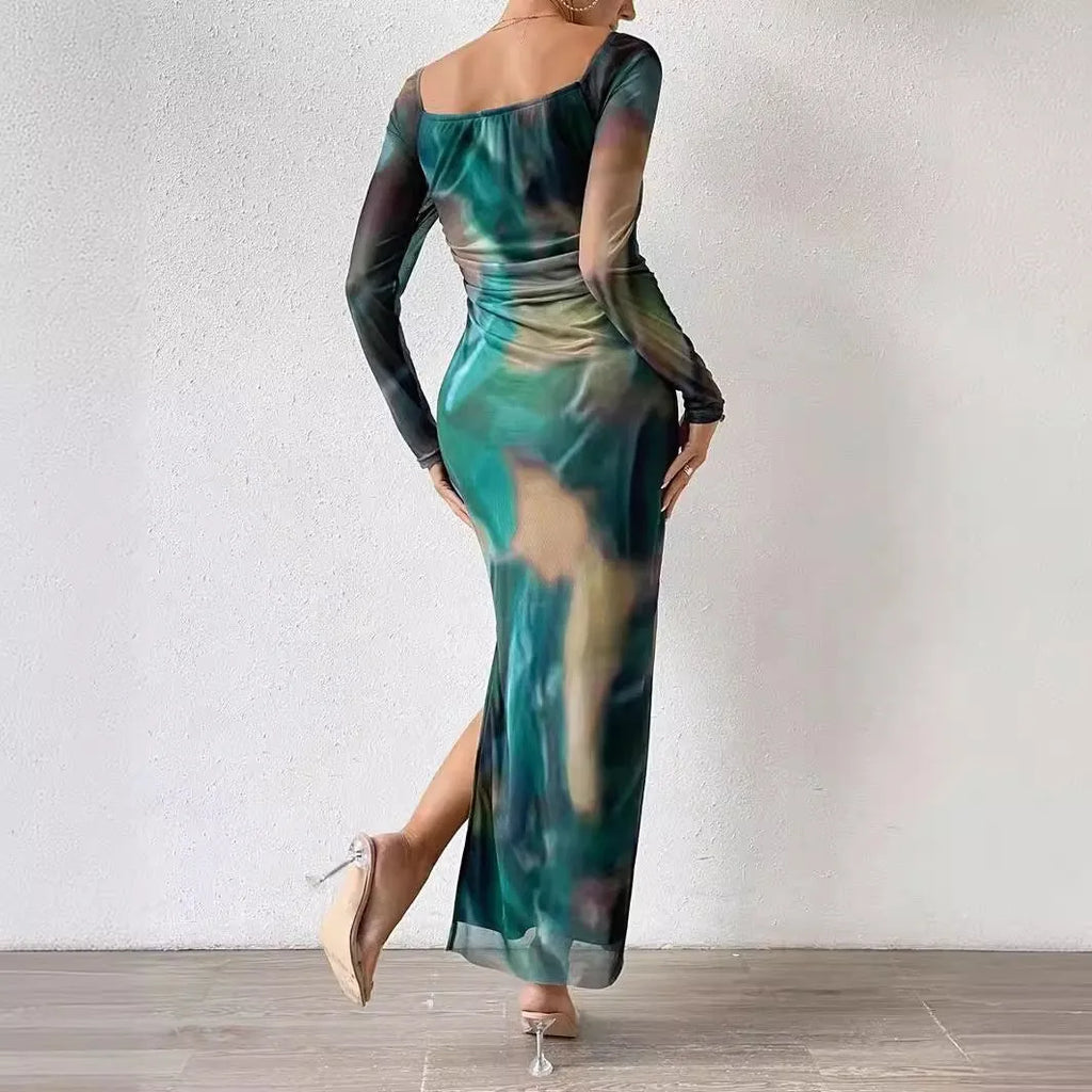 Women's long fishtail dress with square collar, pleated mesh fabric, and a split hem in a gradient colour.
