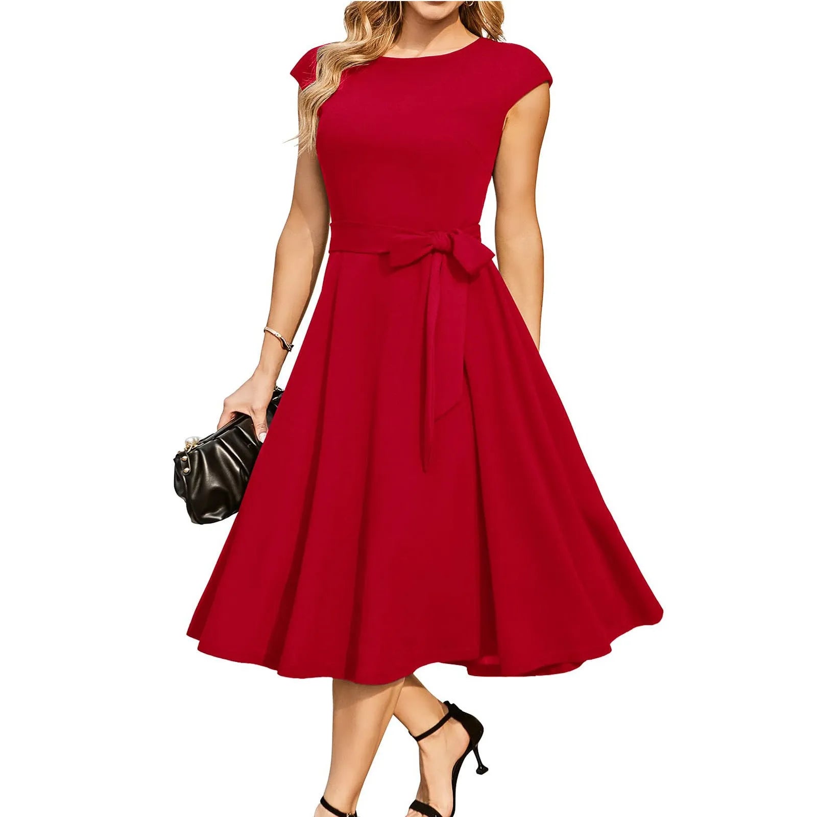 Sleeveless lace-up waist dress with swing skirt in twisted silk polyester fabric