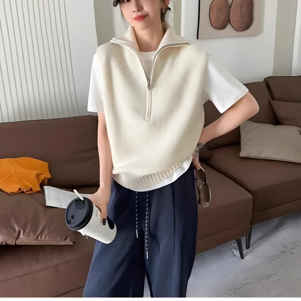 Retro half zip sleeveless knit vest in mesh polyester with 3D pattern
