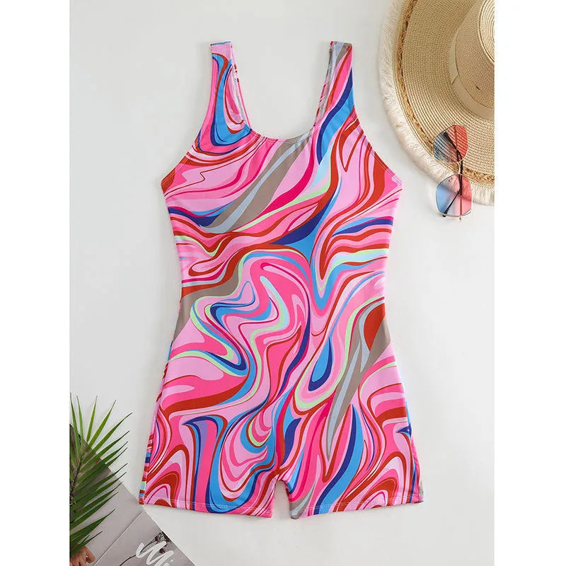 Women's printed high waist backless one-piece swimsuit in polyester for swimming sports