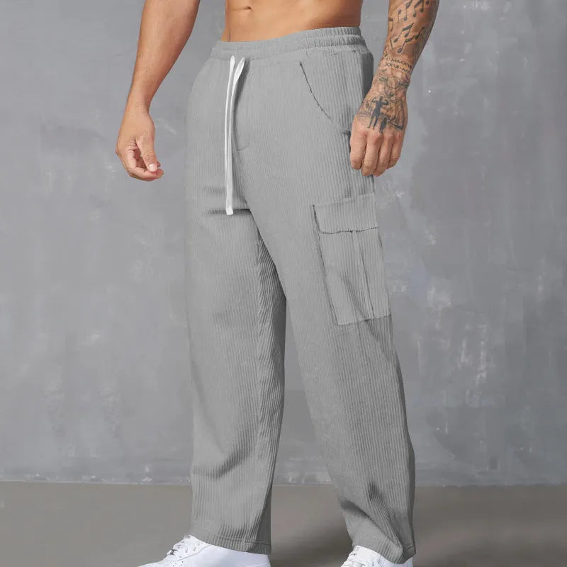 Men's corduroy cargo trousers in straight-leg design with micro-elastic waist and drawstring closure