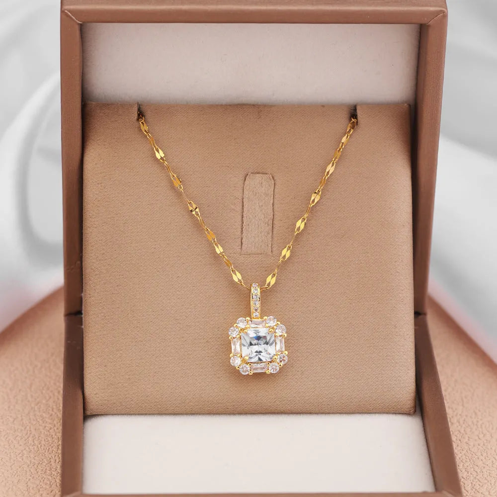 Women's titanium steel geometric necklace with quadrilateral gem-inlaid pendant on water wave chain