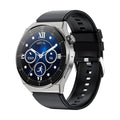 Round Android smart watch with black silicone strap showing Bluetooth calling and NFC access functions on its screen.