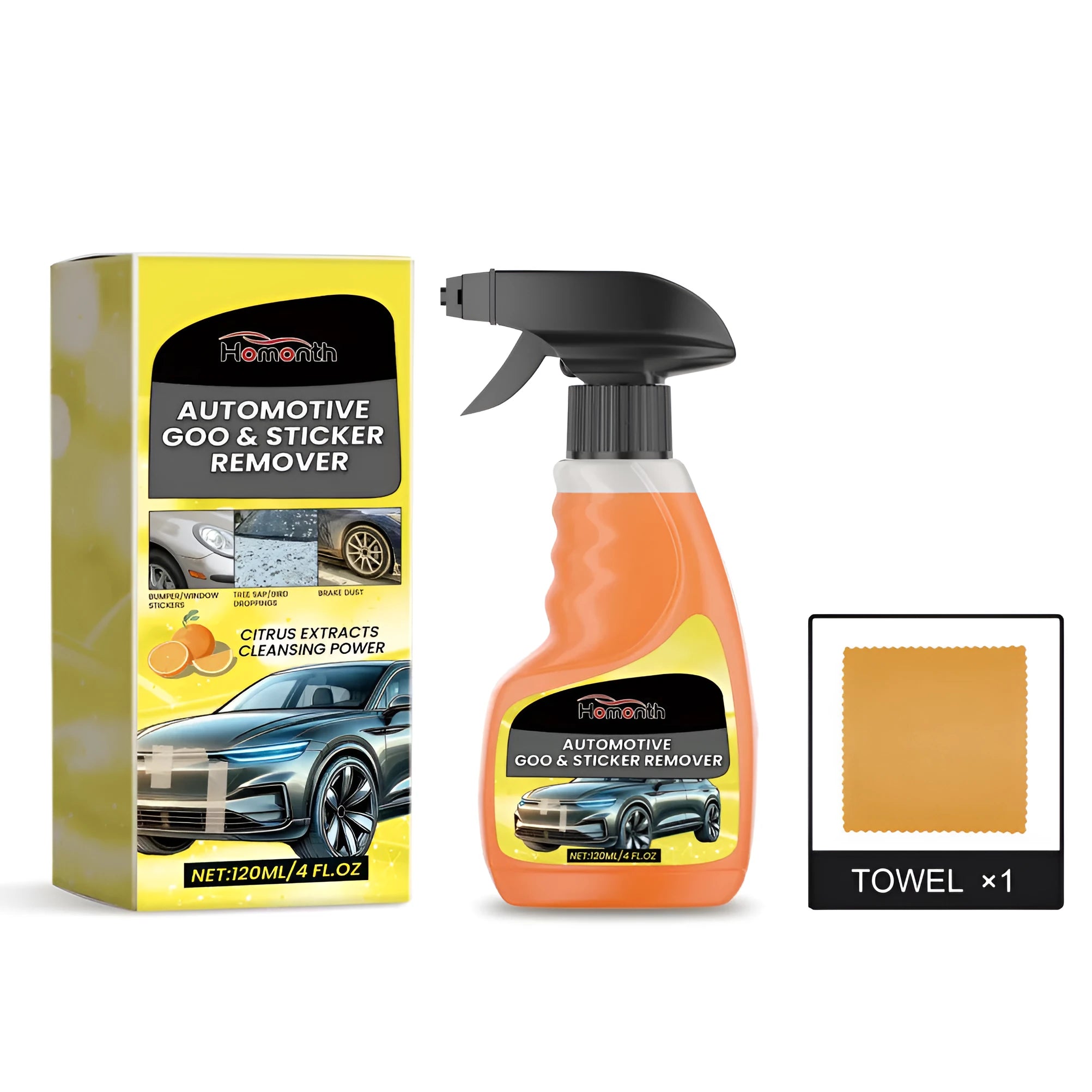 Car sticky remover cleaner 120ml bottle with 20x20cm towel, citrus extract based, 7.3x18.5cm size