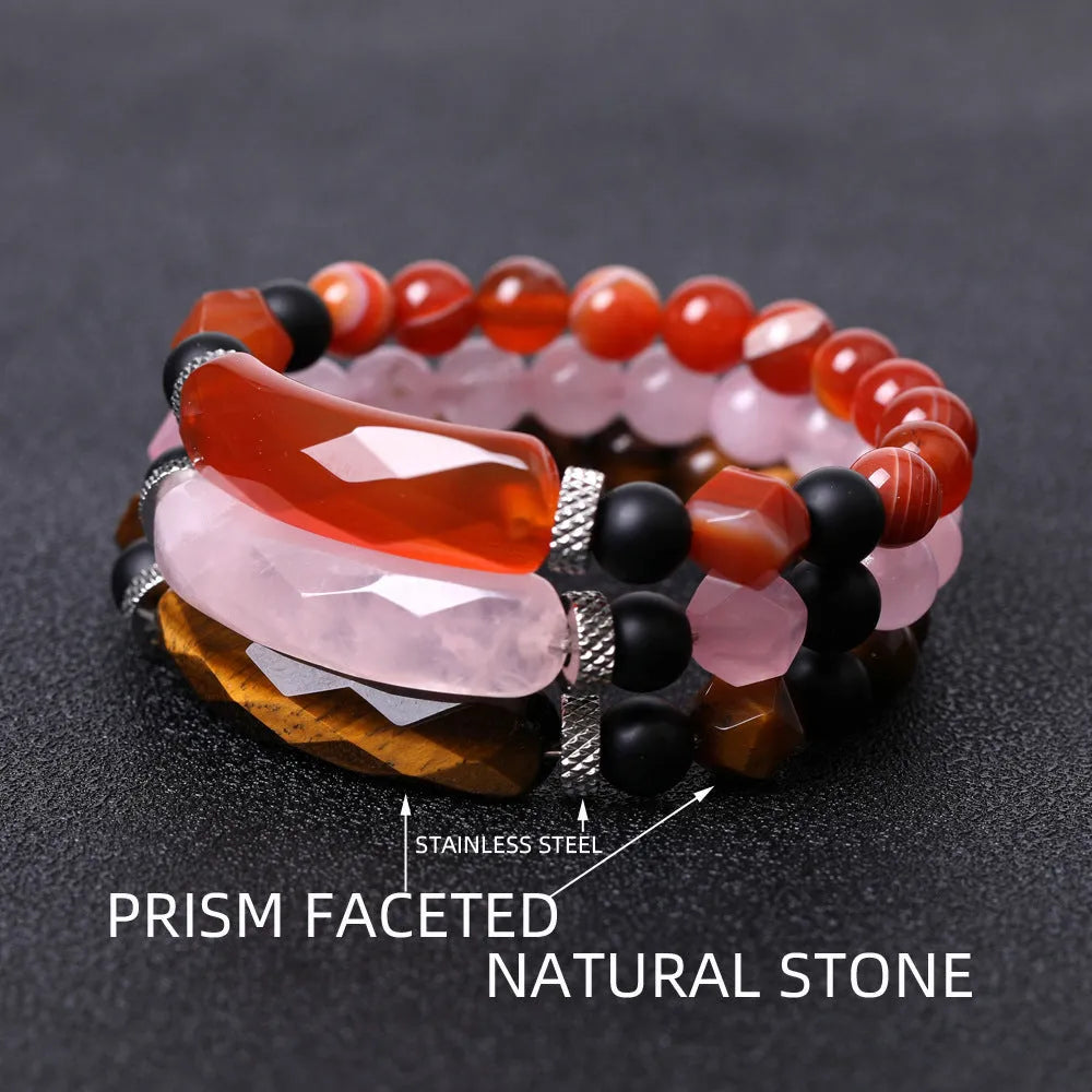 Black agate diamond-cut bracelet with geometric fan-shaped beads, handmade unisex jewellery
