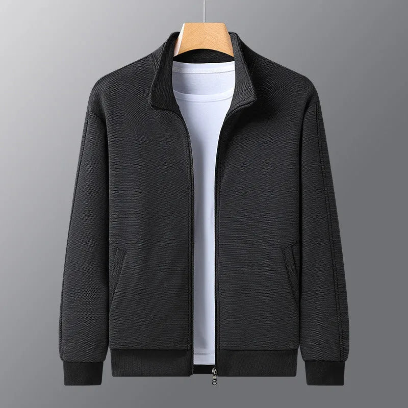 Men's black casual zip-up jacket with a stand-up collar on a hanger