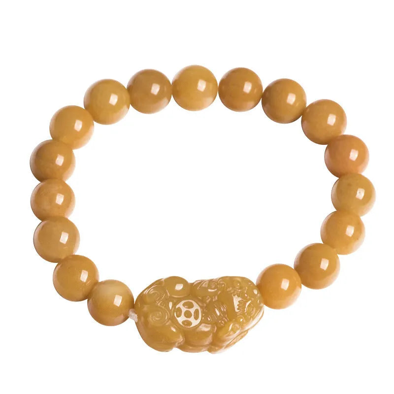 Jade money bracelet showing carved Jinsi Jade stone with beads in Golden Thread Jade colour