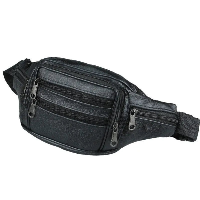Genuine leather men's outdoor waist bag in black, 22x12x6cm, waterproof solid colour design