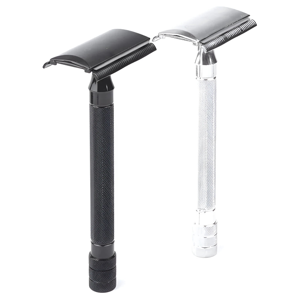 Traditional manual shaving razor with metal scraper and brush in black or silver finish