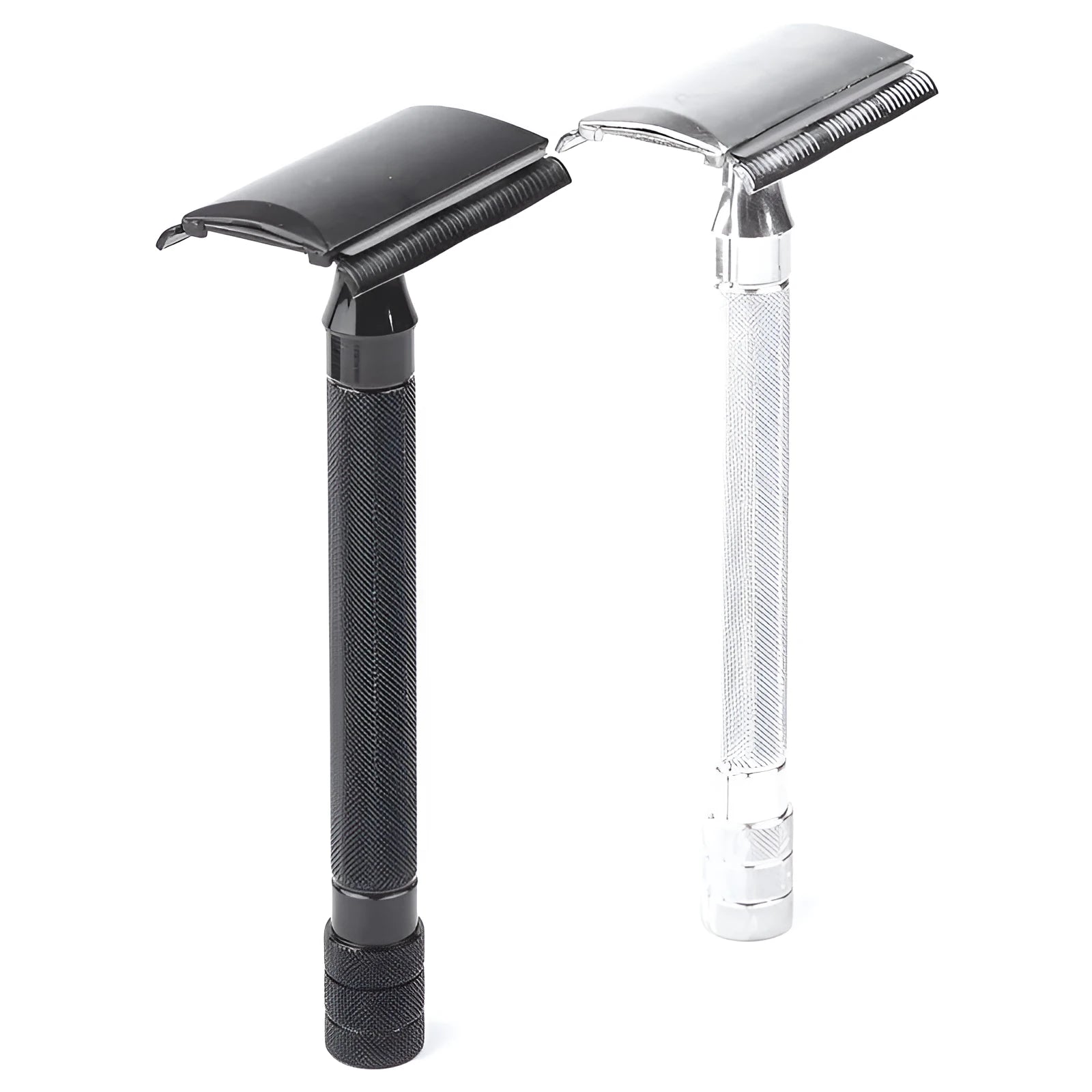 Traditional manual shaving razor with metal scraper and brush in black or silver finish