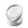 Clear plastic tilted cat food dish on a 7cm tall white plastic elevated base.