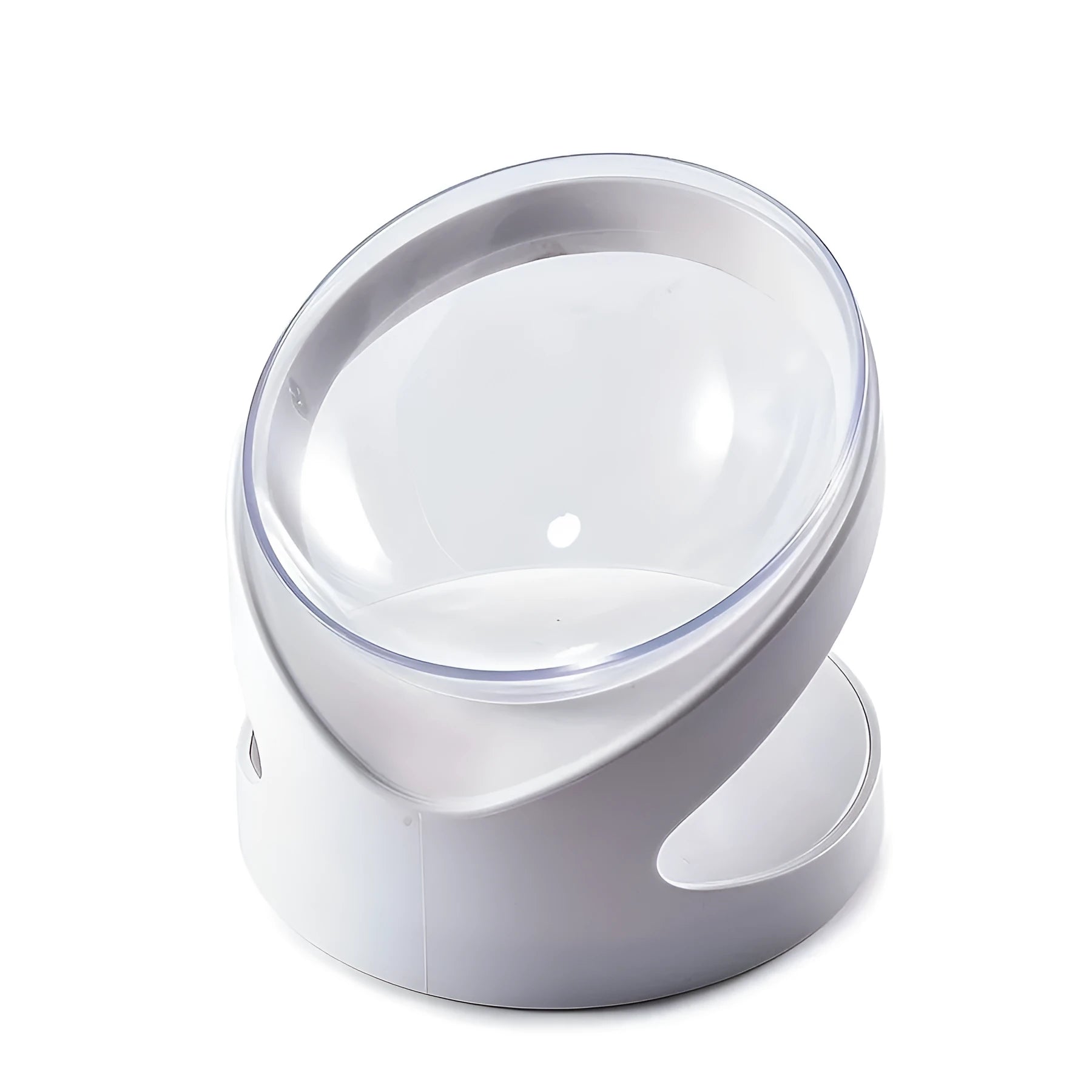 Clear plastic tilted cat food dish on a 7cm tall white plastic elevated base.