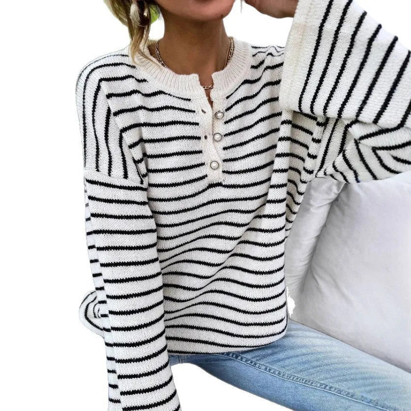 Black striped women's knitted top with drop-shoulder long sleeves and button details