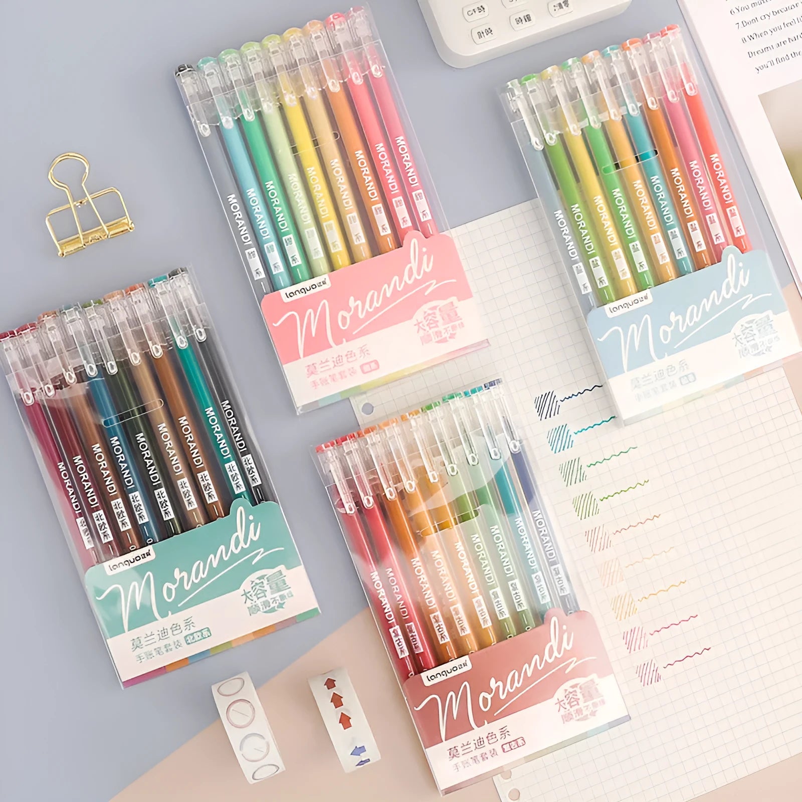 Retro hand account gel pen set showing nine colour pens with 0.5mm needle tips and plastic construction