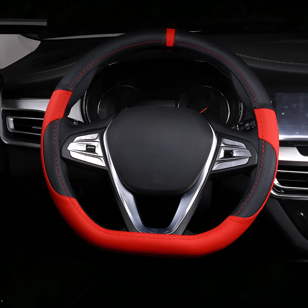 Four Seasons Universal Leather Steering Wheel Cover 38cm diameter black round profile