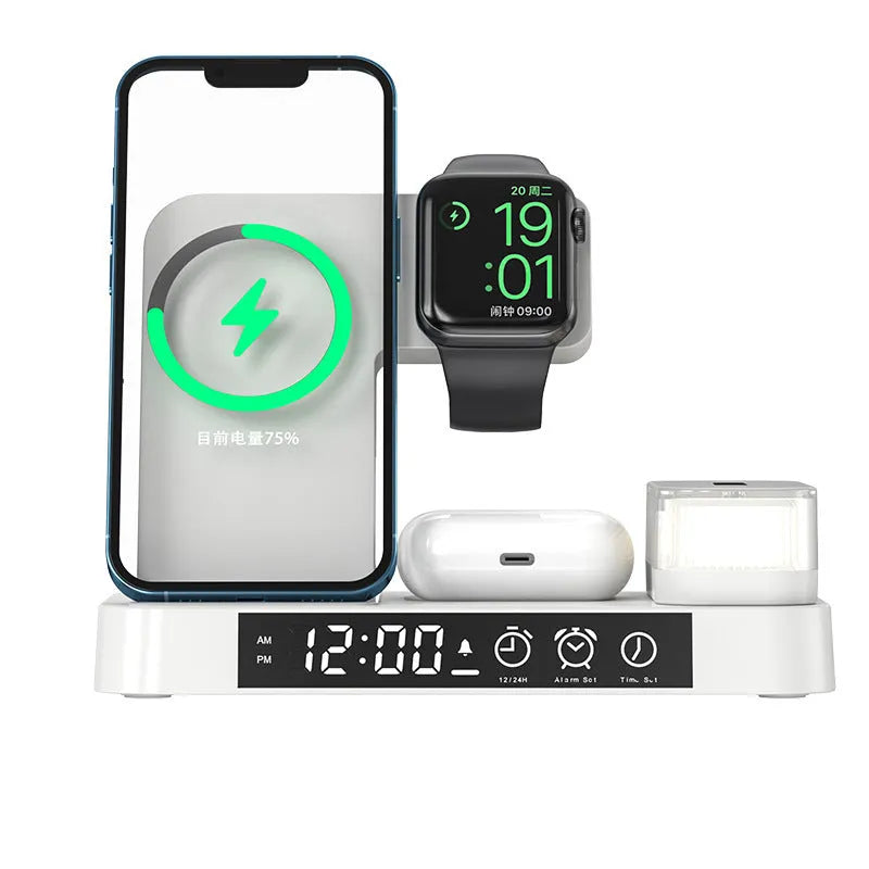 Foldable 4-in-1 wireless charging station with alarm clock display and RGB night light