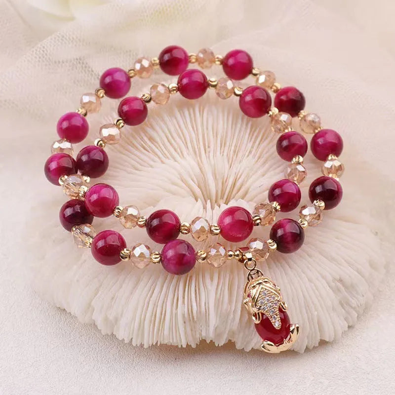 Handmade natural Tigereye stone bracelet with chain design in green or rose red colour options
