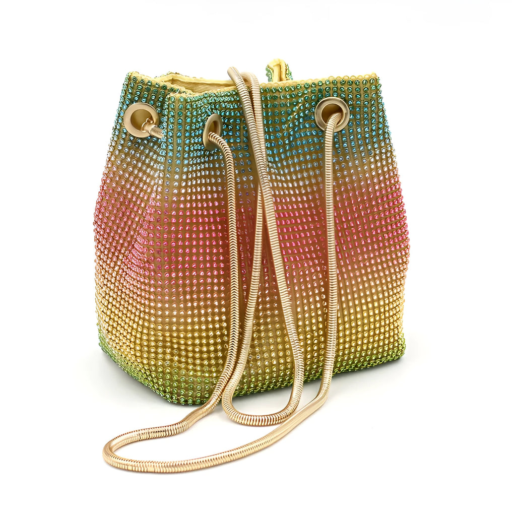 Net red rhinestone bucket bag with diamond texture and soft fabric construction