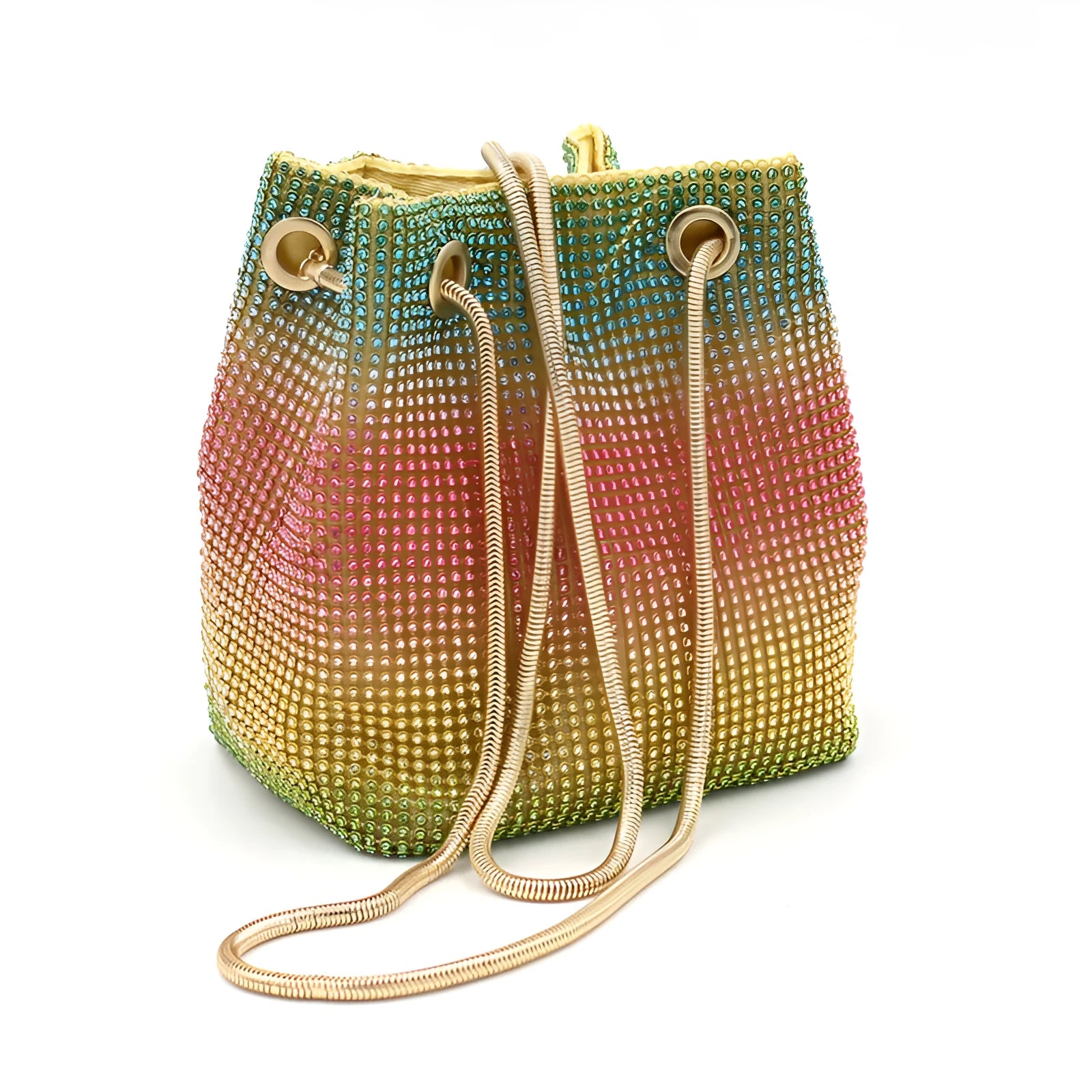 Net red rhinestone bucket bag with diamond texture and soft fabric construction