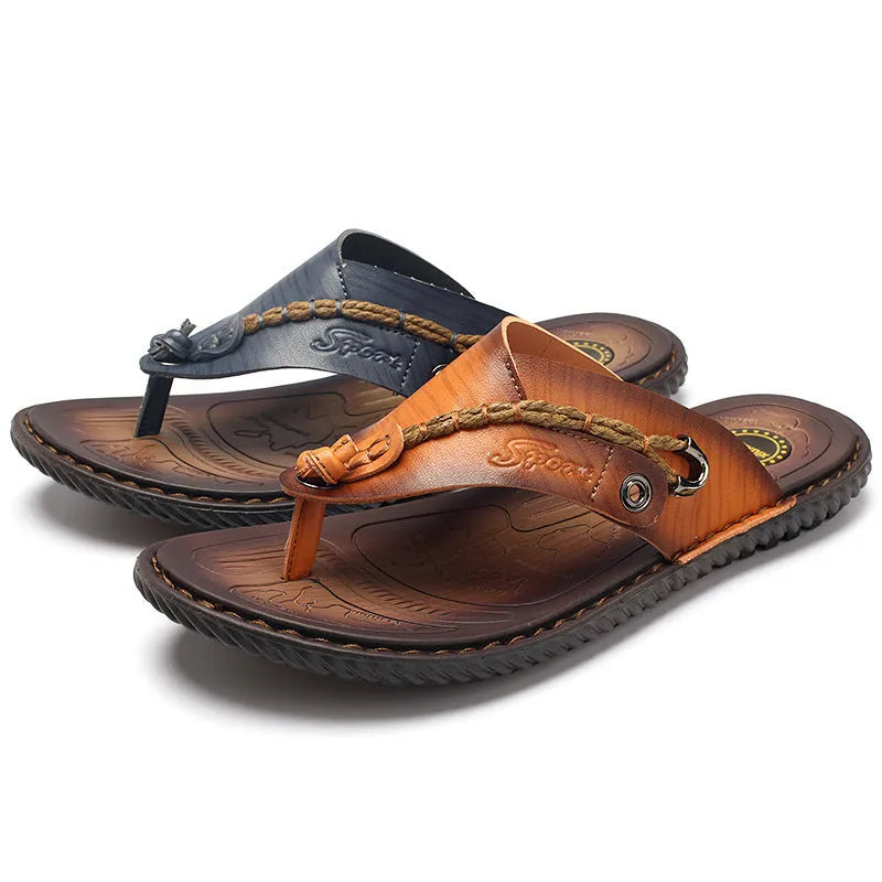 Men's dark blue herringbone-patterned outdoor slippers with a rubber sole, shown from the side.