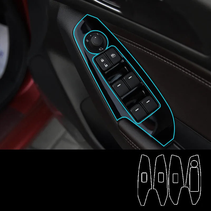 Four TPU protective films for 14-19 US/Canadian car dashboard door control panels in transparent and carbon fibre black