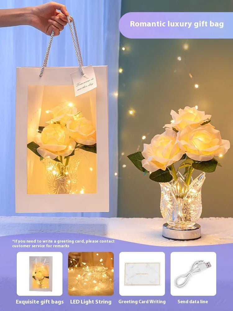 Modern crystal flowers rechargeable bedside lamp with touch dimmer controls on wooden table