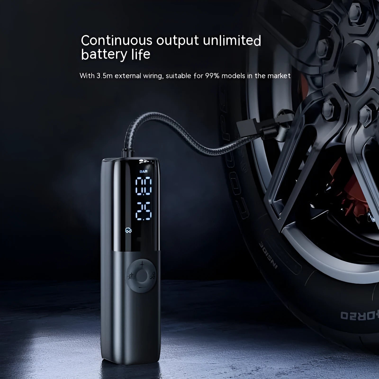 Black portable electric car air pump with plug-in connection and pressure gauge